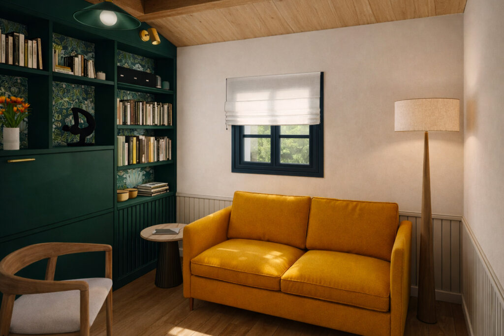 bureau de psychologue style cabinet de curiosité, ambiance chaleureuse, dans une bergerie rénovée.