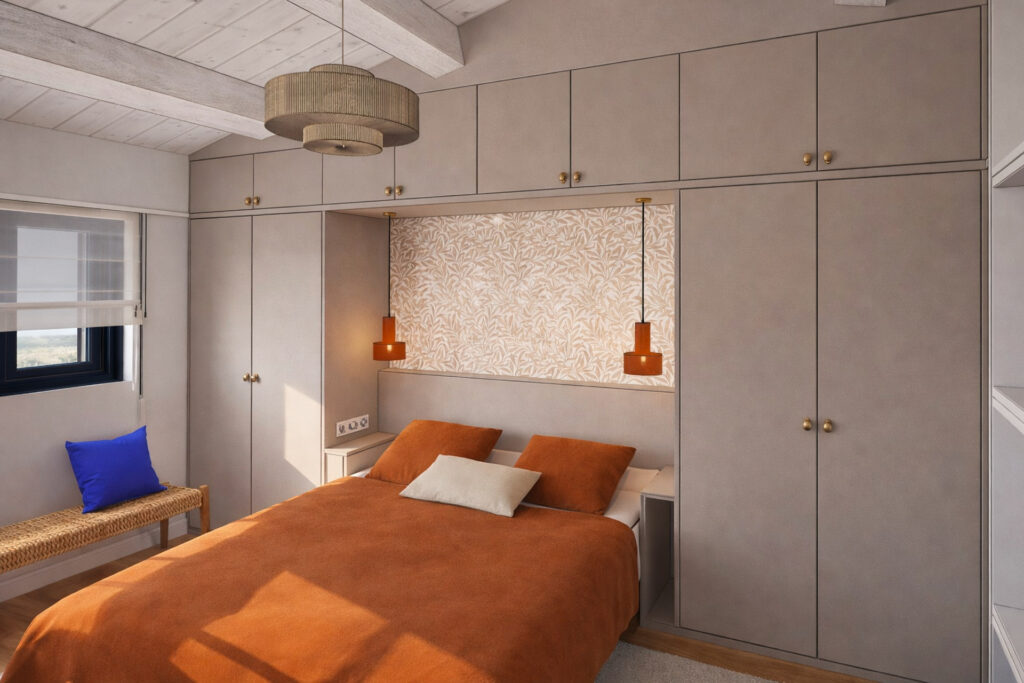 Chambre avec tête de lit dressing intégrée sur mesure, dans une bergerie rénovée.