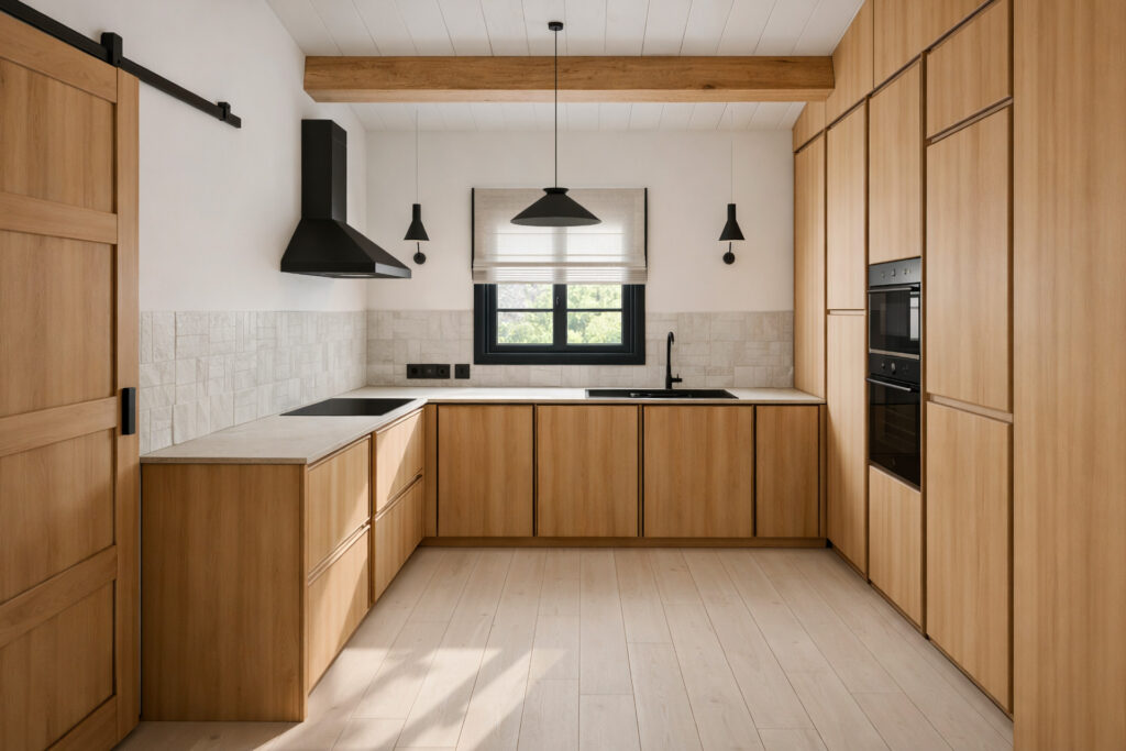 cuisine sobre et fonctionnelle avec faïence en calaminage et aménagement sur mesure en bois clair, dans une bergerie rénovée.