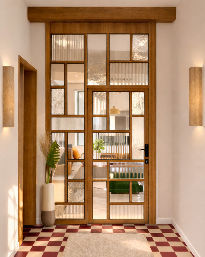 sas d'entrée séparant en face la partie privé et a gauche la partie publique. la verrière en verre striés, martelés et opaques, dans une bergerie rénovée.