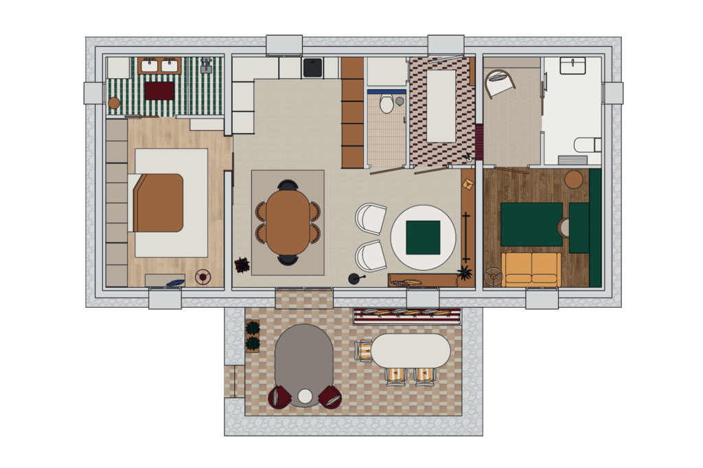 plan vue du dessus, dans une bergerie réhabilité en logement privé et espace professionnel.