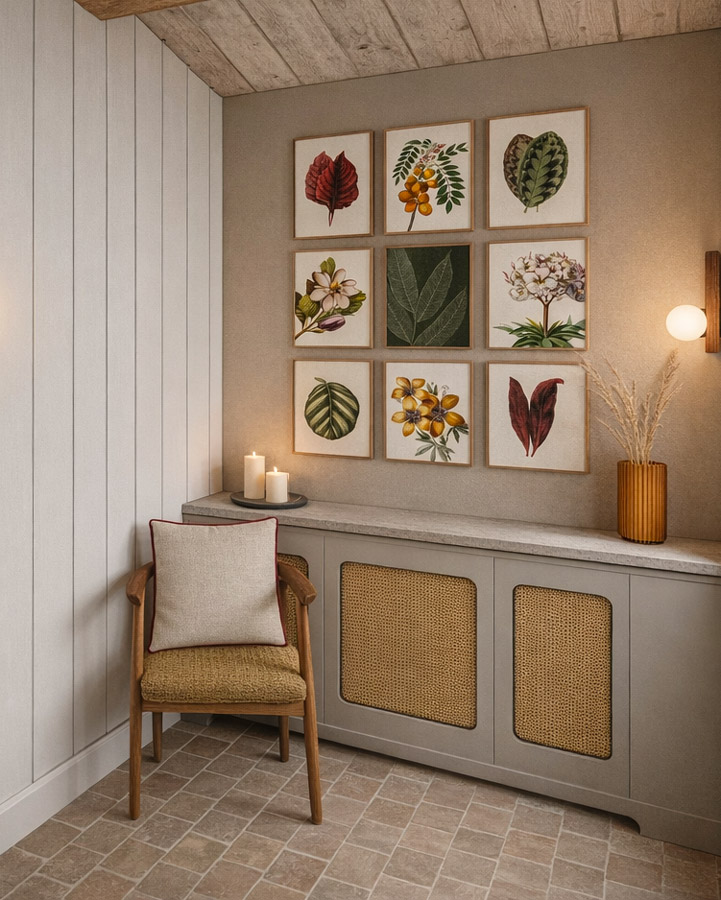 salle d'attente avec cache radiateur intégré, ambiance chaleureuse, dans une bergerie rénovée.