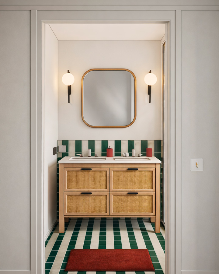 salle d'eau avec carrelage décoratif et matériaux naturels, dans une bergerie rénovée.