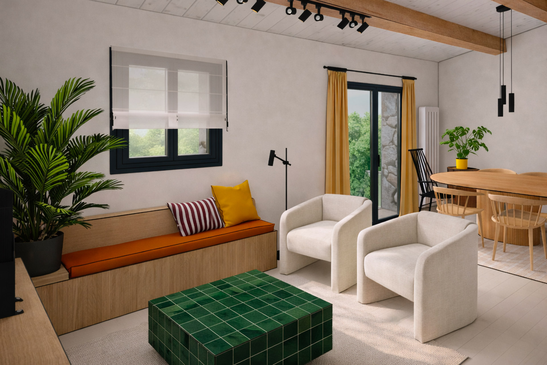 salon contemporain en bois clair avec banquette intégrée, table basse en carreaux verts et ouverture sur salle à manger, dans une bergerie rénovée.